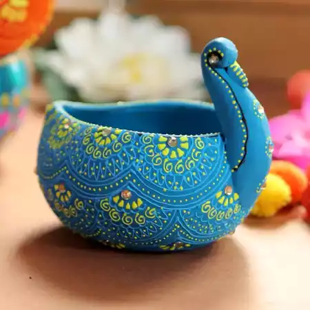 Washable Terracotta Modern Swan Diya Tealight T-Light Holder - Blue